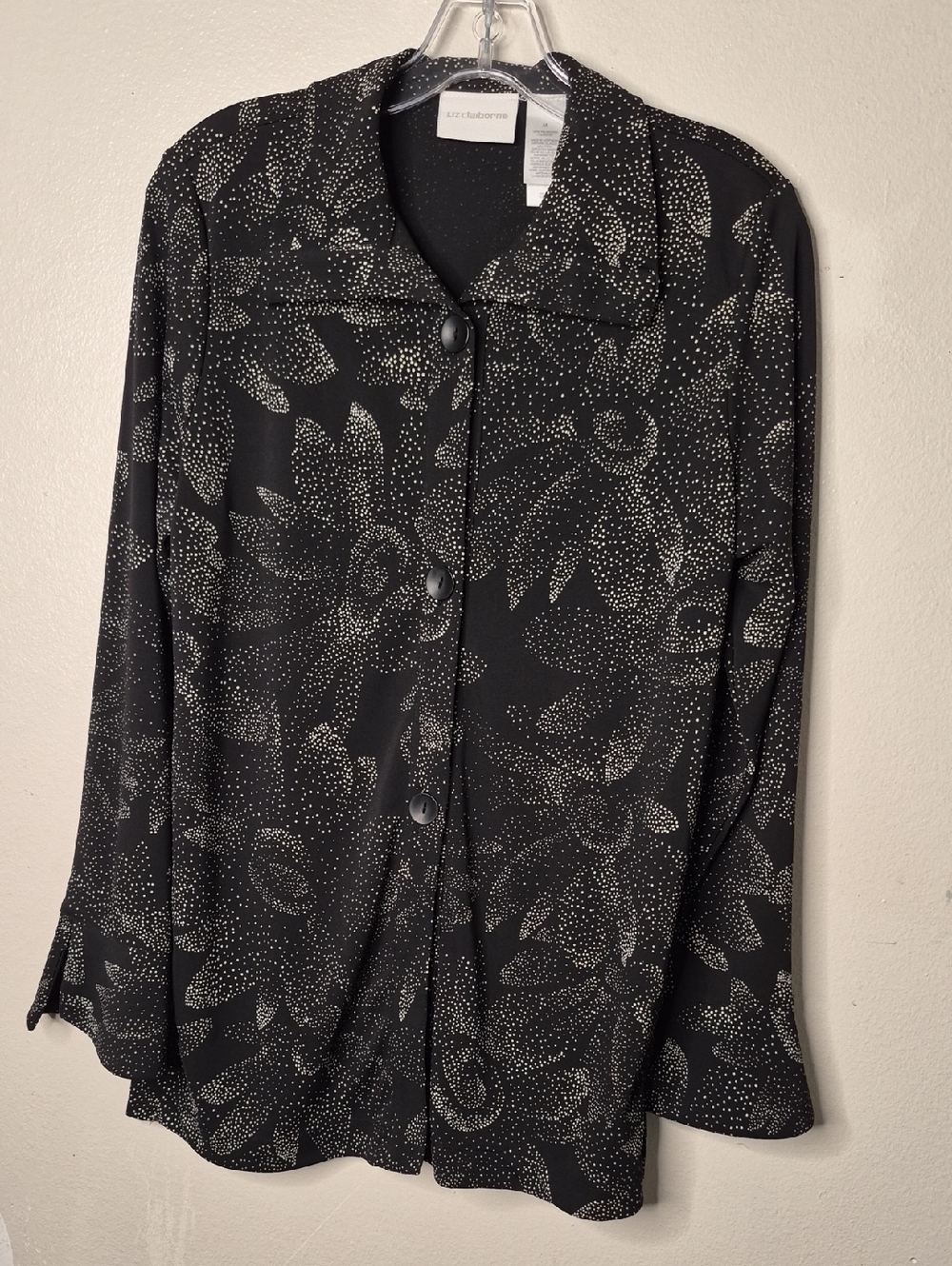 Liz Claiborne Black Blouse with Cream Dot Floral Print